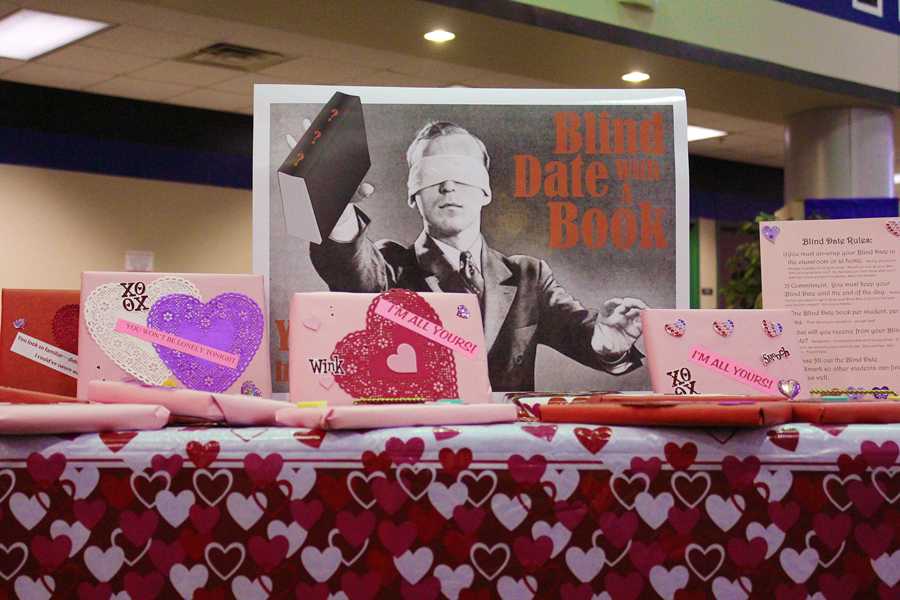 The Blind Date book table in the library is set up for students to check out