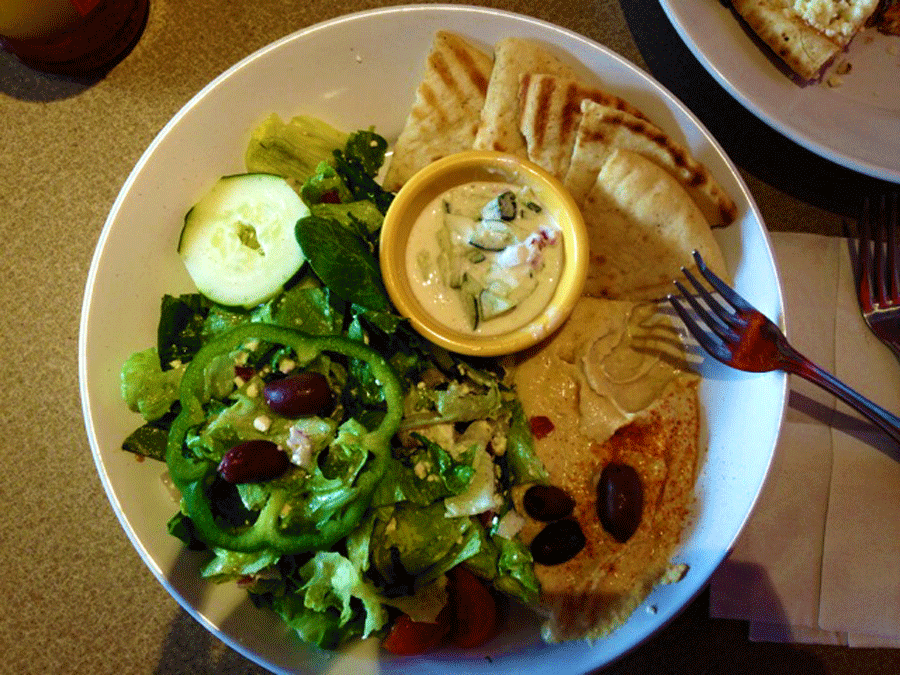 ZOËS Kitchen has a great Hummus and Salad Plate. Also included is warm pitz bread and a cucumber salad. 