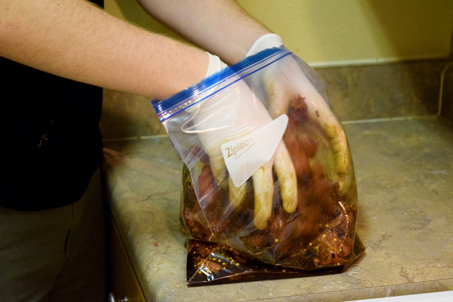Welborn marinates the meat in a Ziploc bag before dehydrating it.