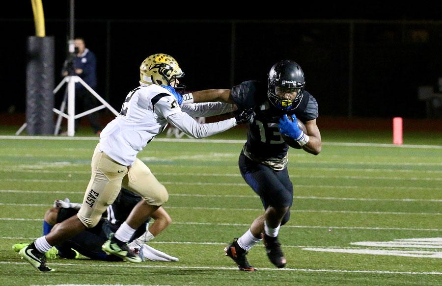 Junior Jaren Mitchell stiff arms a Panther player.