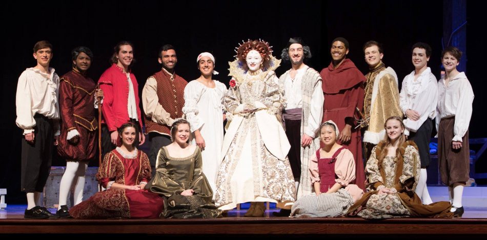 The cast of Elizabeth Rex. From left to right first row: Caleb Geddie, Rayan Moosa, Bailey Ray, Mihir Lulay, AJ Abdullah, Brooke Loye, Sean Ghedi, Ryan Hamilton, Joseph Hoffman, Spencer Kahn, and Dalton Currey. Second row: Sami Droste, Caitlin Kresta, Gabbie David, and Amanda Bonds. 