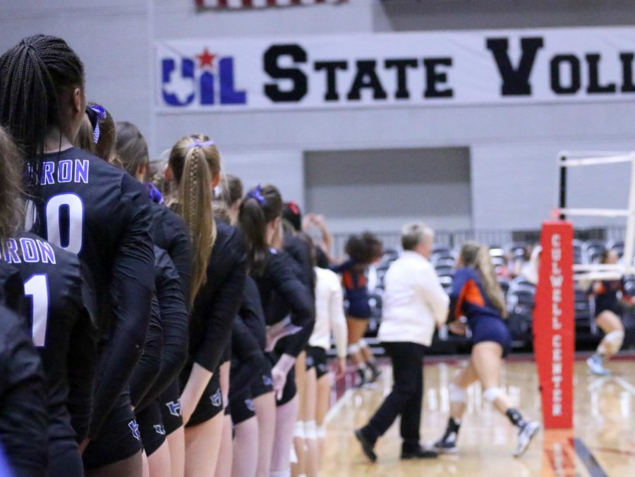 The Lady Hawks line up to recognize each player before the game. This was Hebron’s sixth time competing at the state tournament.