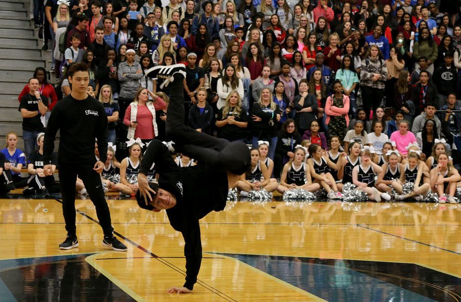 Senior Jacob Pham performs for DFC. Only the seniors performed the routine.