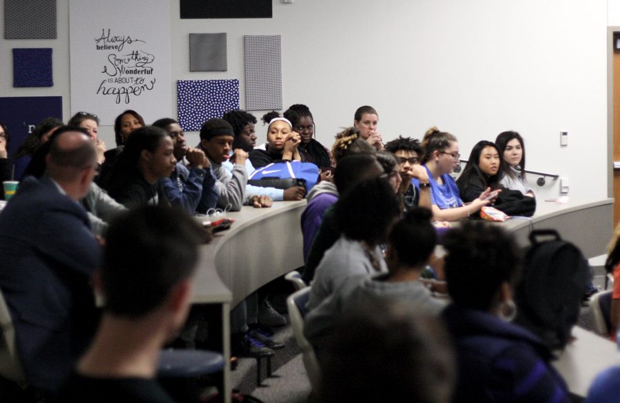 Students and staff attend the first open forum of the month. The session focused on the N-word.