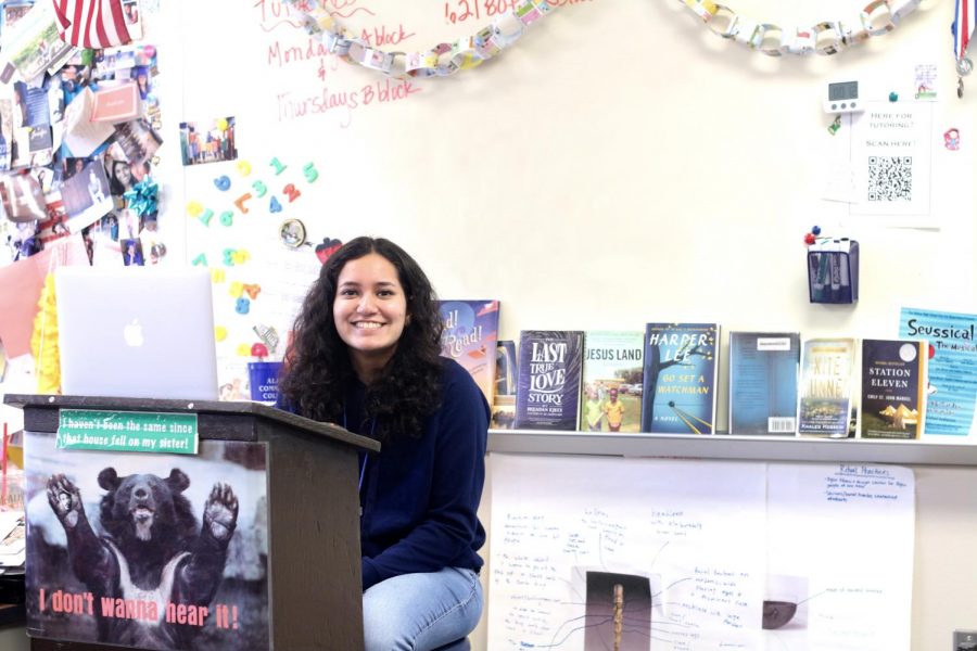 Senior Amna Yasin poses for a photo before teaching freshman and sophomores science before their competition in April. This year, Yasin is the co-captain of the Ac Dec team.