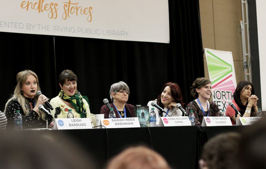 Authors Leigh Bardugo, Sarah Rees Brennan, Cinda Williams Chima, Stephanie Garber, Claire Legrand and Sabaa Tahir introduce themselves for the Brave New World Panel. All of them have written young adult fantasy like “Six of Crows,” “Furyborn” and “An Ember in the Ashes.”