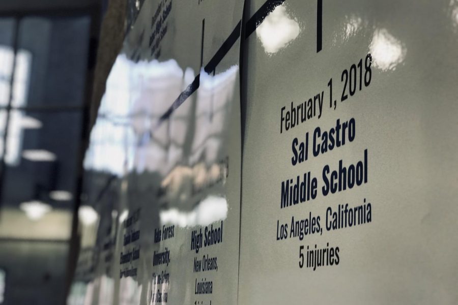 A list of past school shootings surround the front entrance of the school. The committee took responsibility in creating this list to promote its block lunch event.