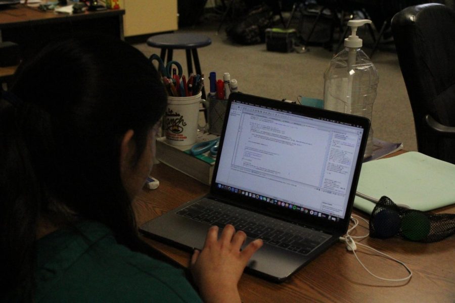 Senior Sanjana Yadav works on a code that connects the program to a database. Yadav and senior Tanya Jagan are creating a tool for the school administration.