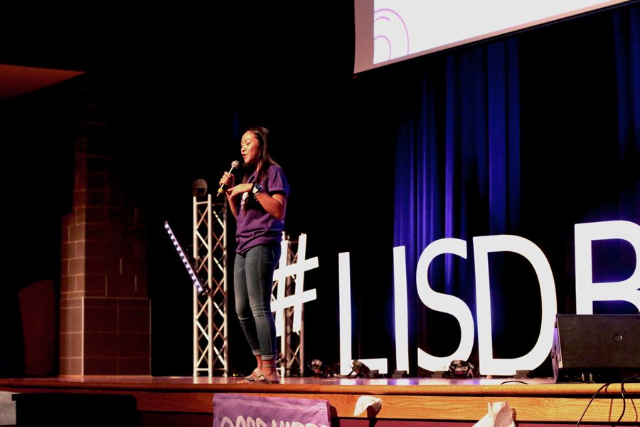 Lewisville High School senior Maritoni Songco gives a  speech about being kind to people even when you do not know them. Each school had two representatives who talked about what kindness meant to them or a personal example related to random acts of kindness.  “The thing about being a kindness ambassador is that you don’t have to be the president of your student council or a cheerleader or anything,” Songco said. “You just have to be willing to make a difference at your school and in your community.”
