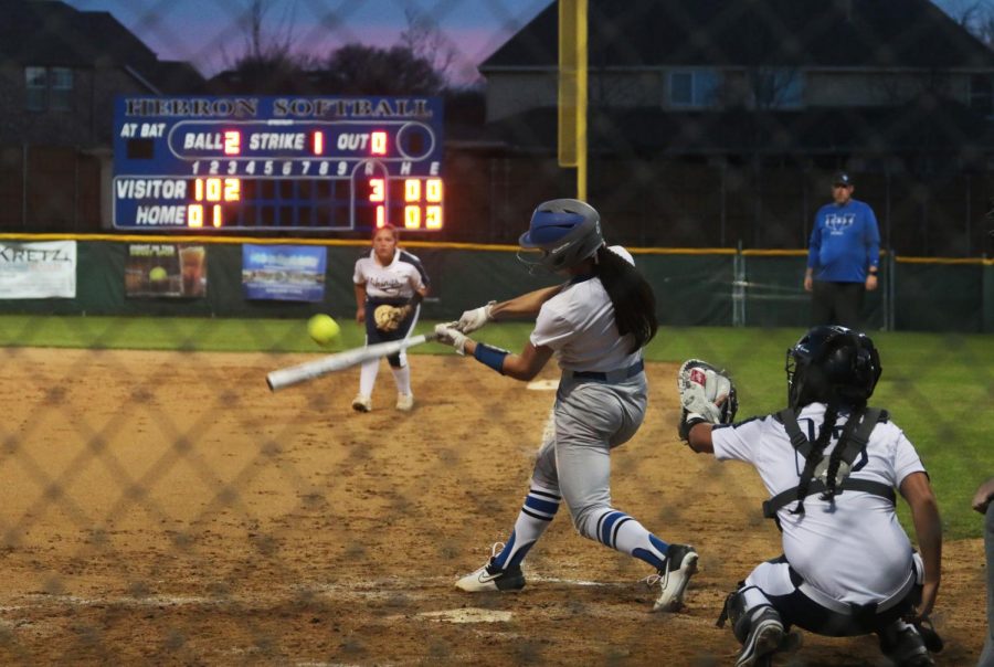 Freshman Shorey Nguyen gets a hit in the bottom of the third inning. She made it to first, then senior Zebedee Gonzales got a single off a bunt, which brought Nguyen to second base. 