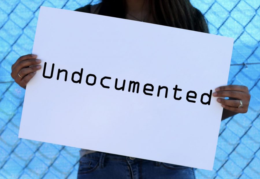 Lin holds a sign with the word undocumented on it. 