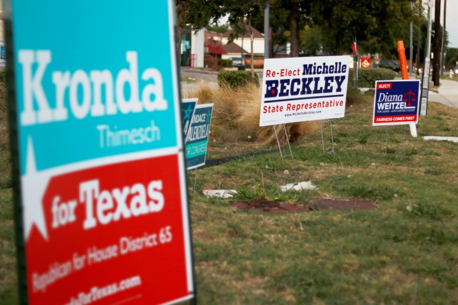 Political+signs+placed+on+the+intersection+of+Josey+Lane+and+Hebron+Parkway+in+Carrollton%2C+Texas.+Many+candidates+have+signs+in+front+of+the+city+library+because+it+is+a+popular+polling+station+amongst+residents.