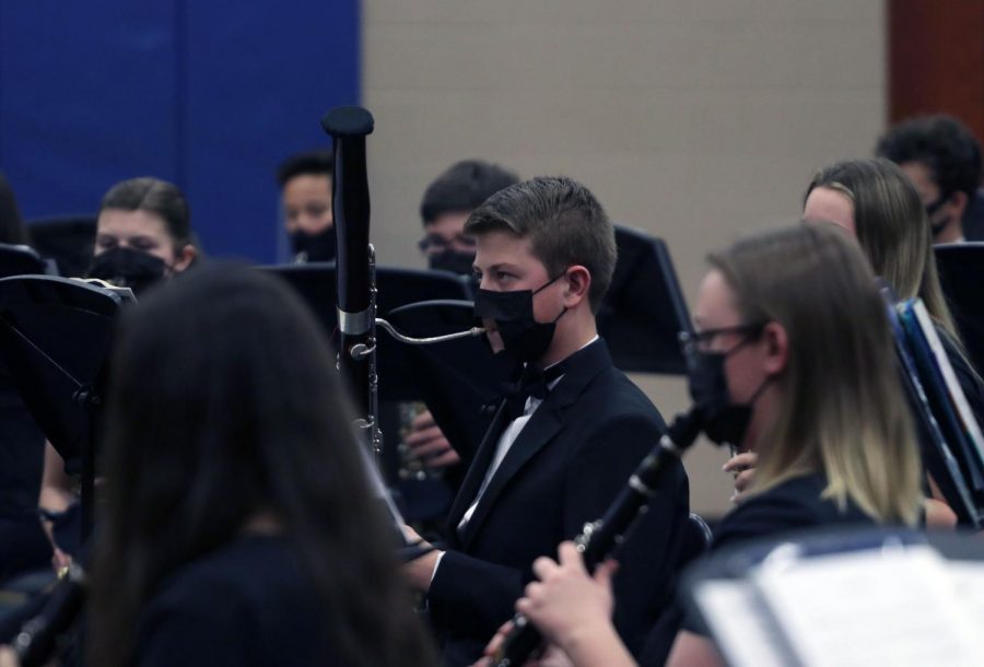 Freshman Jake Johnson plays his bassoon during the mid-winter concert on Feb. 26.
Johnson performed with the concert band, led by assistant band director Zack Anderson.