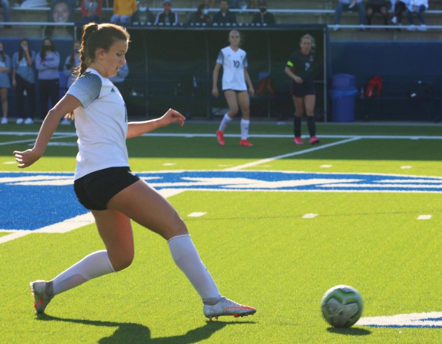 Junior Sydney Japic dribbles the ball down the field after stealing the ball from an Allen attacker. Hebron will advance to play the Martin warriors this Tuesday in Prosper.