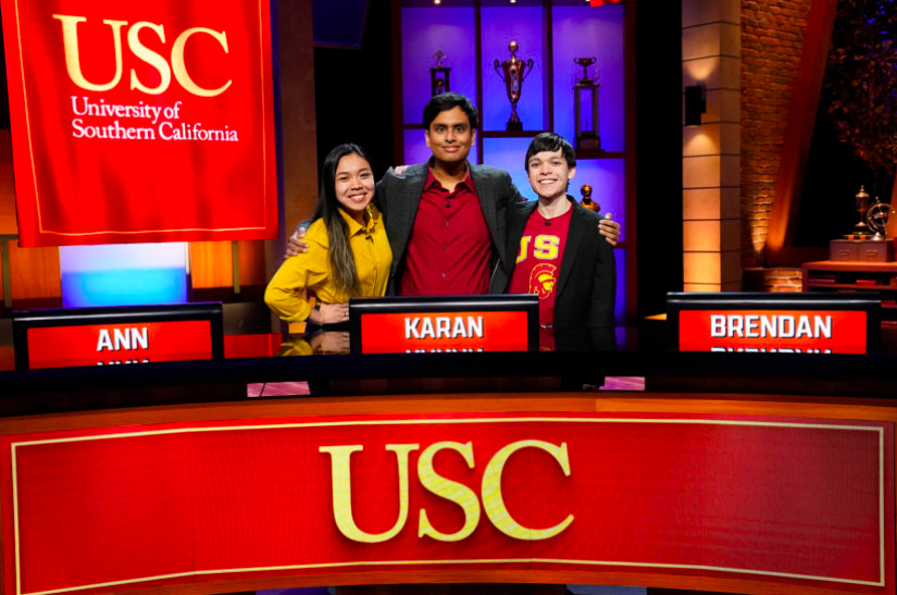 2019 alumnus Brendan Glascock (right) poses with Karan Menon and Ann Nguyen on the set of Capital One’s “College Bowl.” Glascock attends the University of Southern California and is a computer science major. “College Bowl” is currently streaming on Hulu. 