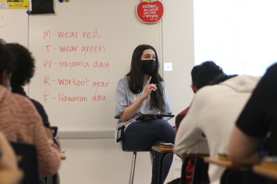 Math teacher, Amanda Bower, revises trigonometry with her third period geometry class. Bower said that her favorite aspect about this campus is that all her students have shown a sweet concern toward her and are always asking her how her day has been and if she’s OK. 