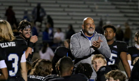 Coach Brian Brazil meets with the team after beating Plano West on Oct. 29.
The final score of the game was 47-35.

