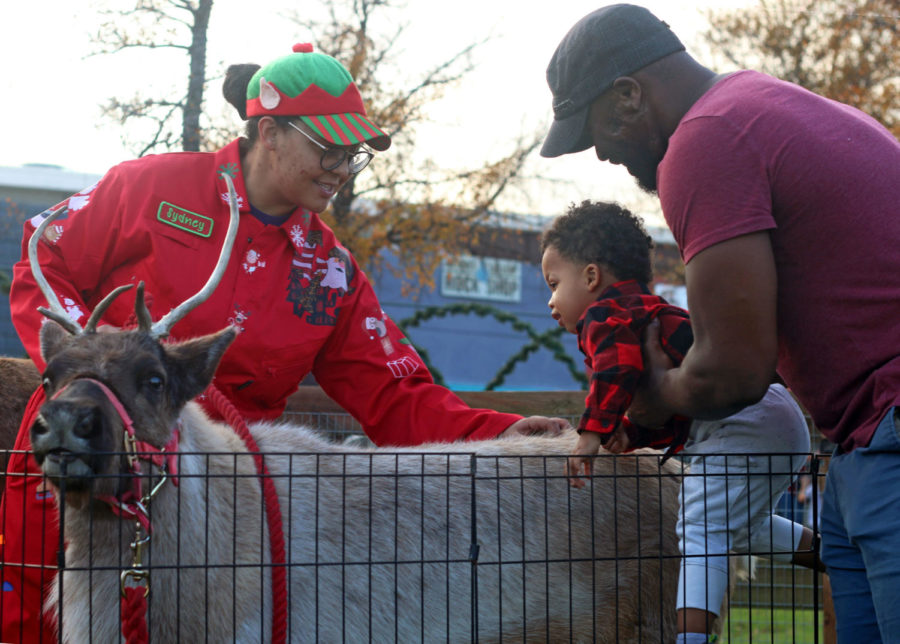 A dad and his son pet “Candy Cane the reindeer” at the small petting zoo. Candy Cane is ten months old and attends children’s events with his handler, Sydney.