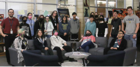 Anime club members pose for a picture after a meeting in the library. They meet every Tuesday in the 9th Grade Center library.