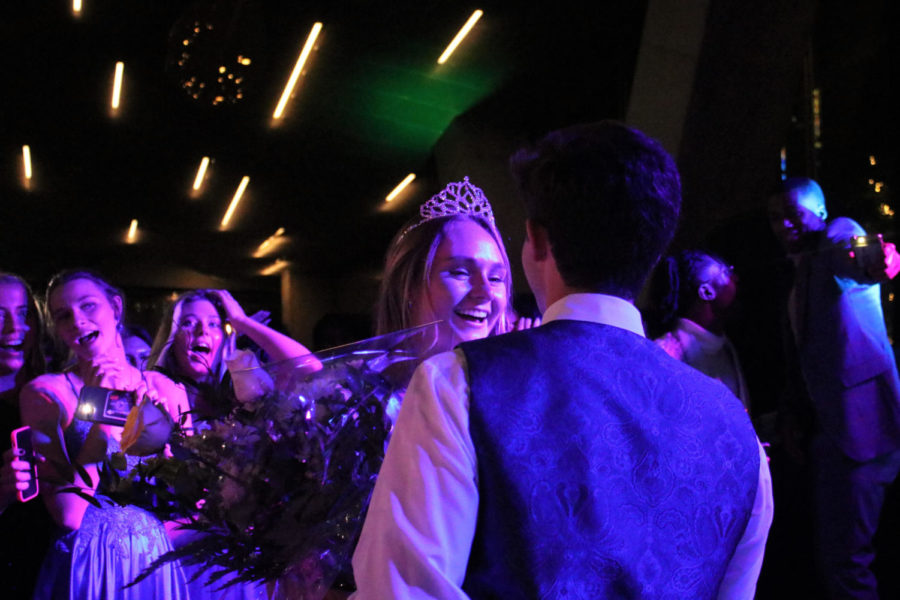 Senior Parker Coe dances with her friend after being named prom queen. Prom was held April 23 from 8 p.m. to 12 a.m. at the Perot Museum of Nature and Science.