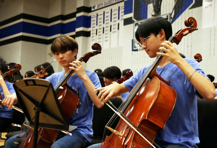Senior Joseph Kim and junior Jungwoo Kim, members of the school’s orchestra, play the cello during their respective parts. Members of the school’s orchestra served as the hype orchestra during the concert.