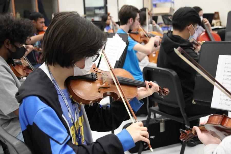 Sophomore Zach Sizemore practices with the chamber orchestra during third period on Oct.13. The chamber group will play a set of Trans-Siberian orchestral music at the winter concert.