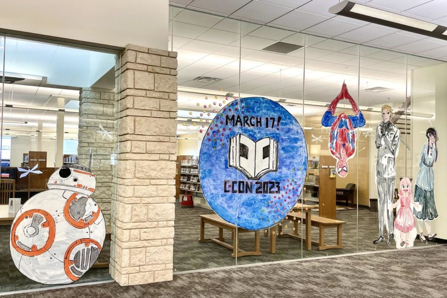 The mural advertising C-Con painted on the windows of the kids space is displayed. The mural, featuring BB-8, Spider-Man and characters from “Spy Family,” was designed and painted by supervisor of community engagement Diana Slavinsky and members from her team.
