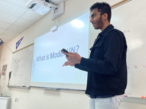 President Srikar Kotha explains what Model UN is to the new members.  The club held its first member meeting on March 30 in Room 2610. 