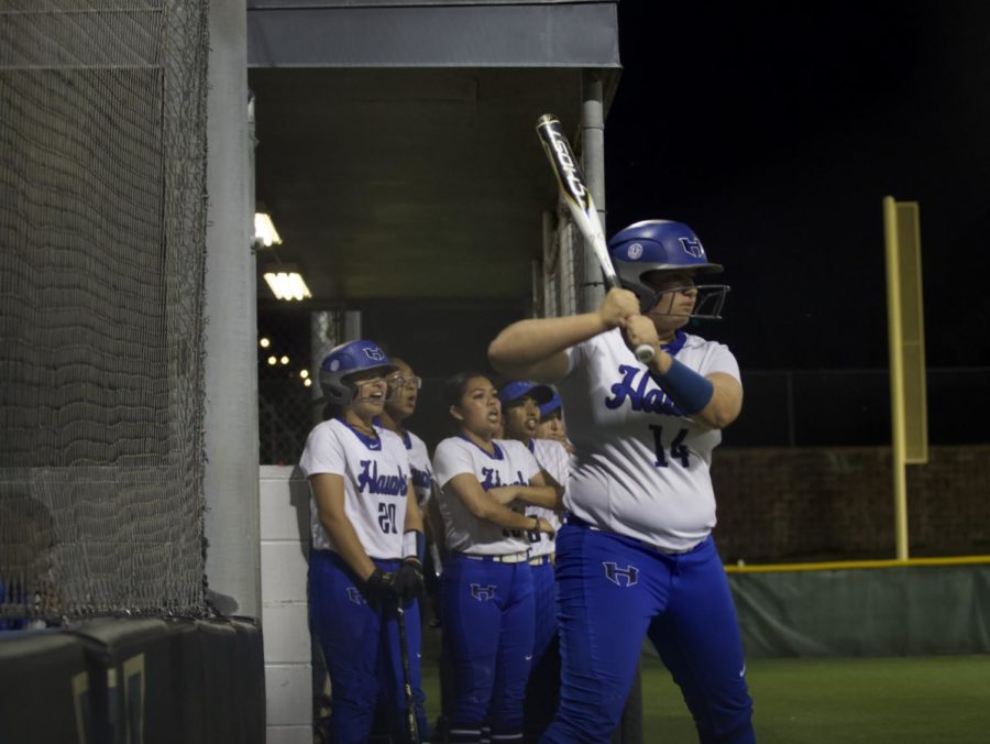 The team in the dugout cheers as junior pitcher Lucy Crowder stands on deck at their first district game against Marcus on March 6. The team won the game 8-1.
