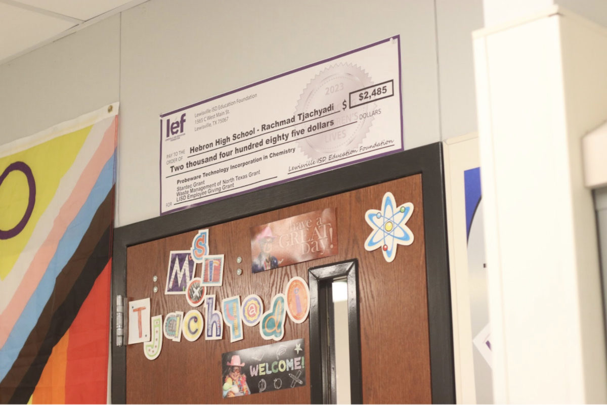 The+LEF+grant+check+hangs+over+Rachmand+Tjachyadi%E2%80%99s+door+among+other+decorations.+LISD+Education+Foundation+%28LEF%29+awards+are+designed+to+help+the+student+body+earn+more+learning+opportunities+through+new+equipment+and+resources.