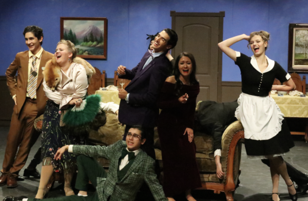 The majority of the cast stand at the end of the first half of “Clue.” Theater will perform a total of three shows: two evening shows with the main cast and a matinee with the understudies. 