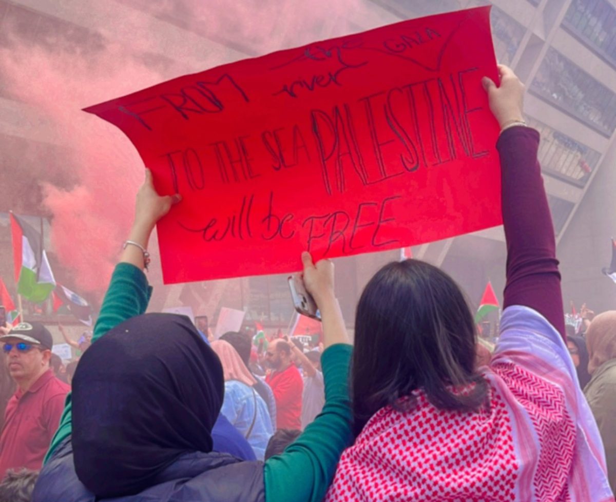 Sophomore Sakina Macklai and her friend Sahar Noor attended the protest at the Akard Plaza on Oct. 15. Macklai and Noor went in hopes of spreading awareness for Palestine.