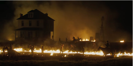 WIlliam Hale starts a fire in his own estate as part of an insurance fraud scheme. It’s one of the many testaments to his greed shown in the movie.

