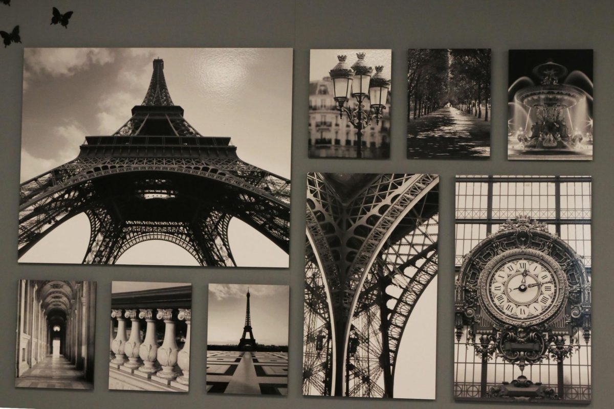 French decor hangs on the wall of Camille Jacksons french 5 classroom. The course focuses on French literature and culture, in addition to more subjects of the language.
