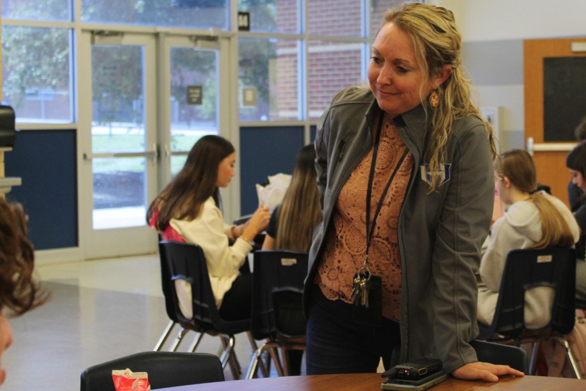 Hebron 9 principal Amanda Werneke talks to students throughout their lunches. Last month, Werneke won LISD secondary principal of the year after being nominated for the second time.