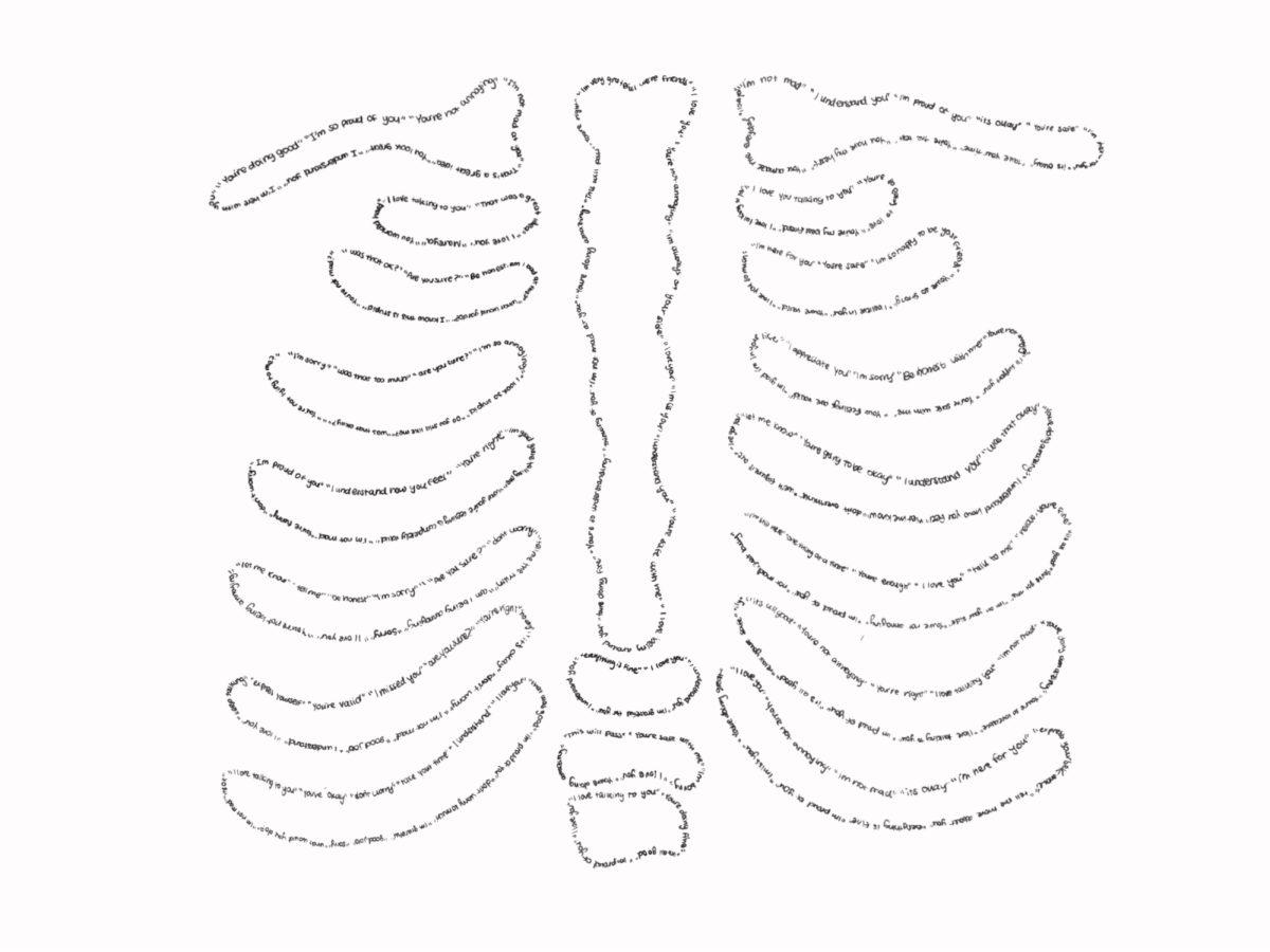 Illustration representing a skeleton comprised of reassuring sentences and validation. I don’t just want approval, I want to feel as though there’s nothing else left to criticize.